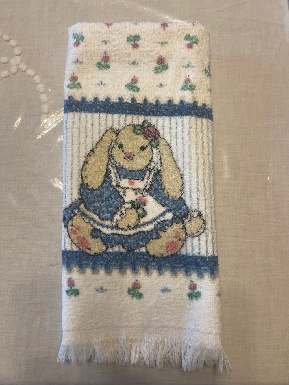 Plush Bunny Embroidered Hand Towel - Cream and Blue